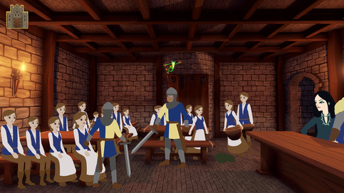 Great Hall pictured side on with diners facing the middle of the hall where a frog is jumping high, soldiers have drawn swords, and a servant has just spilled a bowl of stew