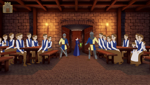 The Great Hall, facing the front doors where HIlda is depositing a frog on a door handle, watched by soldiers and many diners