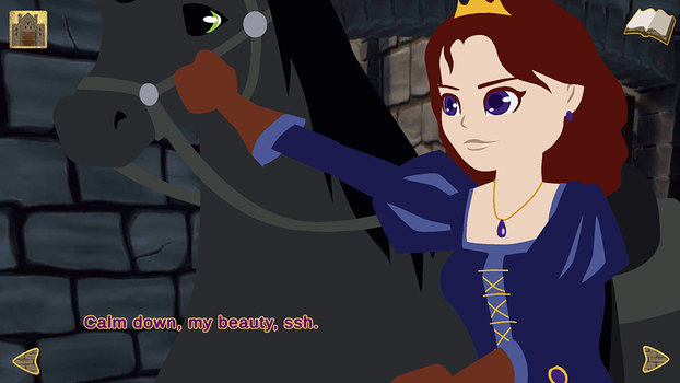 Princess Hilda holds her horse's bridle in a stone stable, looking down at something in the manger.