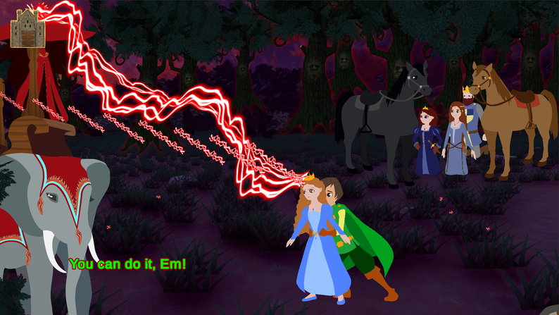 In a dark forest clearing, Prince Francis stands behind Princess Emma, supporting her while a witch on an elephant pours lightning onto her crown.  In the background, the Princess's family kneel beside two horses, watching.