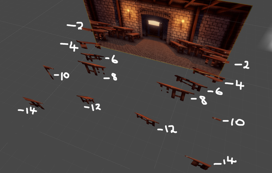 The tables showing the various layers required to allow the villagers to appear to be sitting behind them.