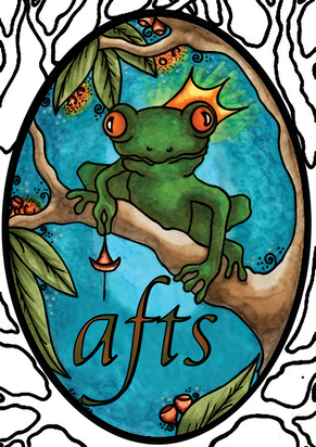 Australian Fairy Tale Society logo, being a frog wearing a crown and holding a bell, sitting on a branch