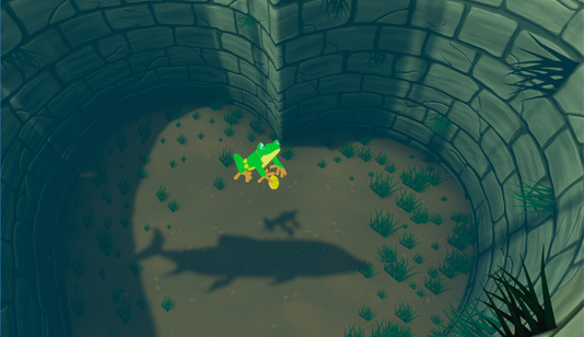 Fish's shadow at the bottom of the well that Riley made