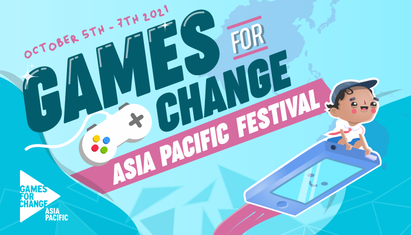 Poster advertising Games For Change Asia-Pacific Festival October 5-7 2021, with map of South East Asia, child flying on a smiling tablet, and a Games For Change logo in the corner