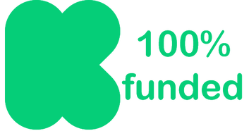 The Kickstarter green K logo with 100% funded written beside it
