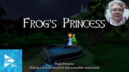 Poster showing Prince Francis and Princess Emma by a heart-shaped well at night time with a castle on a hill behind them.  Emma's crown is shining and they are looking at something shining in a tree.  In the top right hand corner is a headshot of Kathy Smart.  In the bottom left hand corner is the Games For Change Asia Pacific logo.  The poster is entitled Frog’s Princess: Making a diverse, inclusive and accessible visual novel  