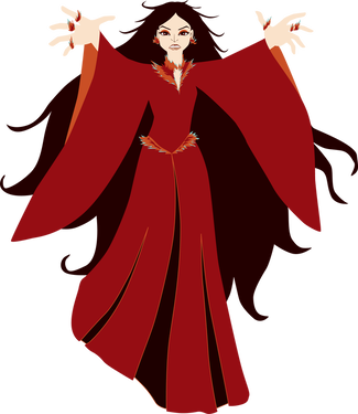 The witch raises both hands in threat.