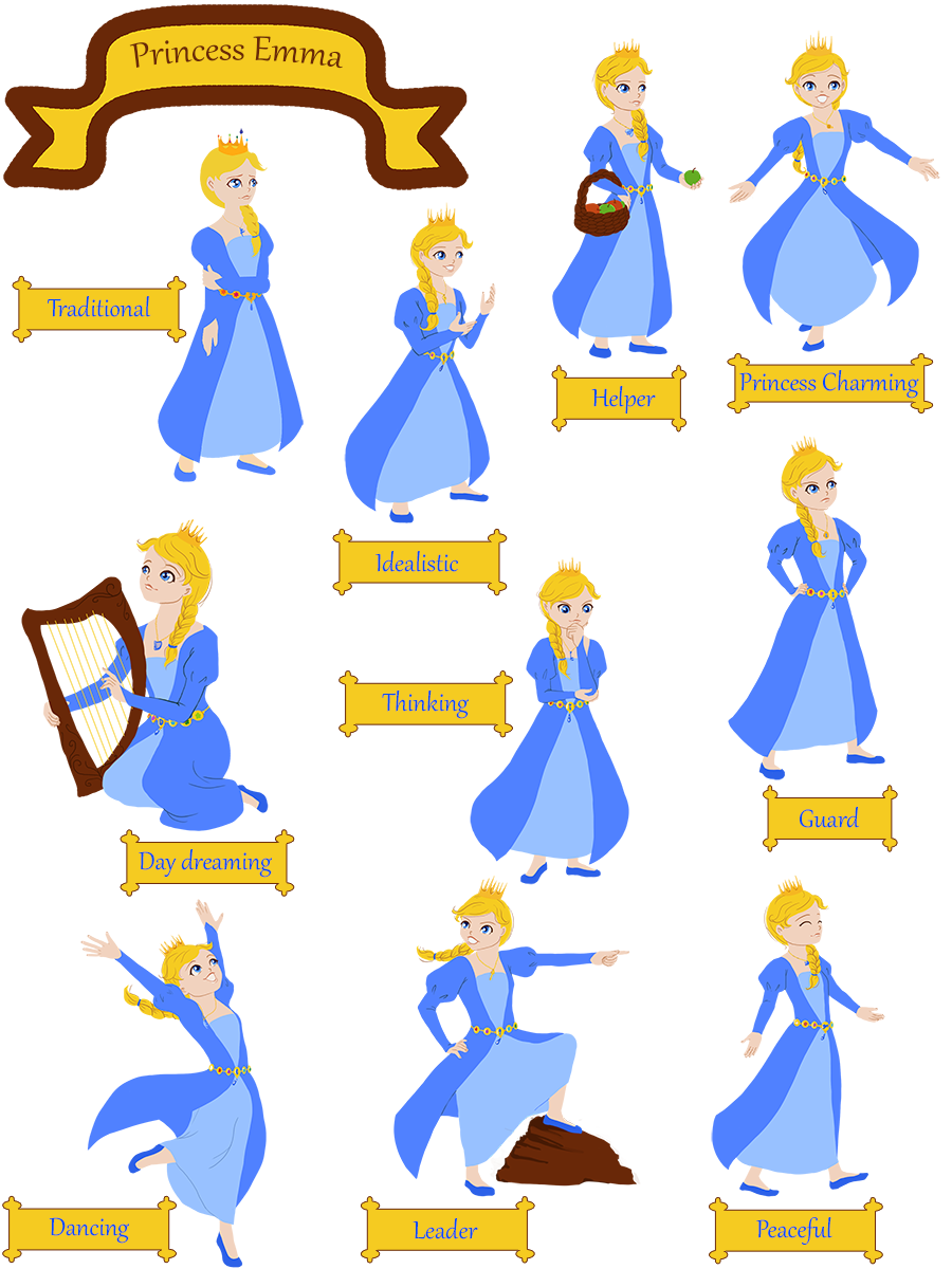 10 Emmas in different poses are labelled: Traditional, Idealistic, Helper, Princess Charming, Day dreaming, Thinking, Guard, Dancing, Leader and Peaceful.