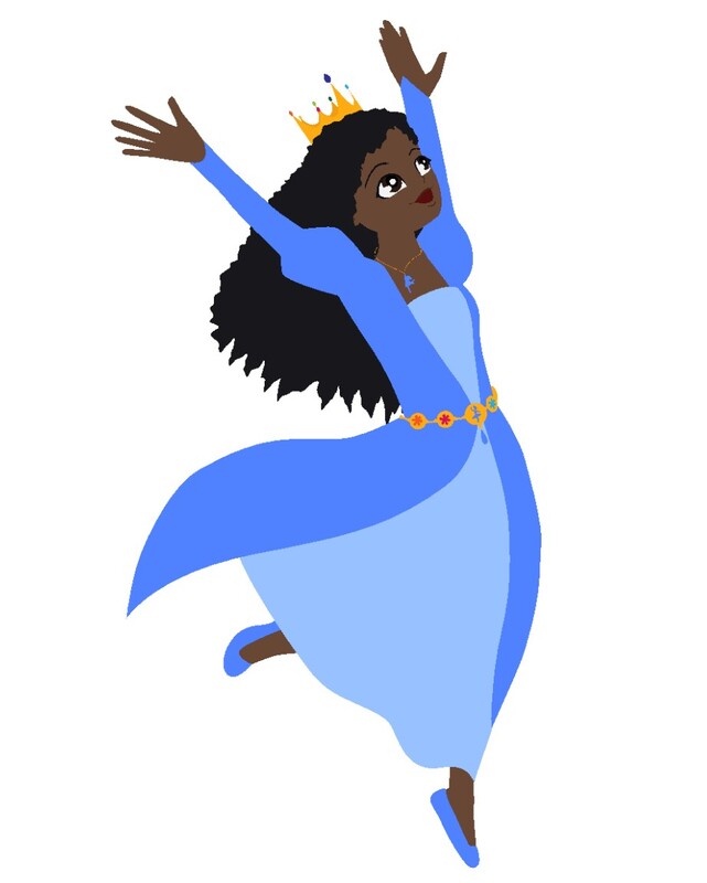 Princess jumps for joy with curly long black hair, bronze skin and brown eyes.