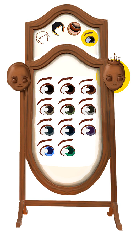 A wooden mirror has prince and princess wooden heads on it.  The prince head is circled.  At the top of the mirror are symbols for hair styles, hair colour, skin tones and eye colour.  The eye colour symbol is circled.  The main part of the mirror shows 11 different coloured eyes to choose from.