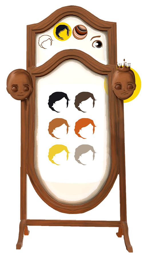 A wooden mirror has prince and princess wooden heads on it.  The princess head is circled.  At the top of the mirror are symbols for hair styles, hair colour, skin tones and eye colour.  The hair colour symbol is circled.  The main part of the mirror shows 6 different coloured hair pieces to choose from.