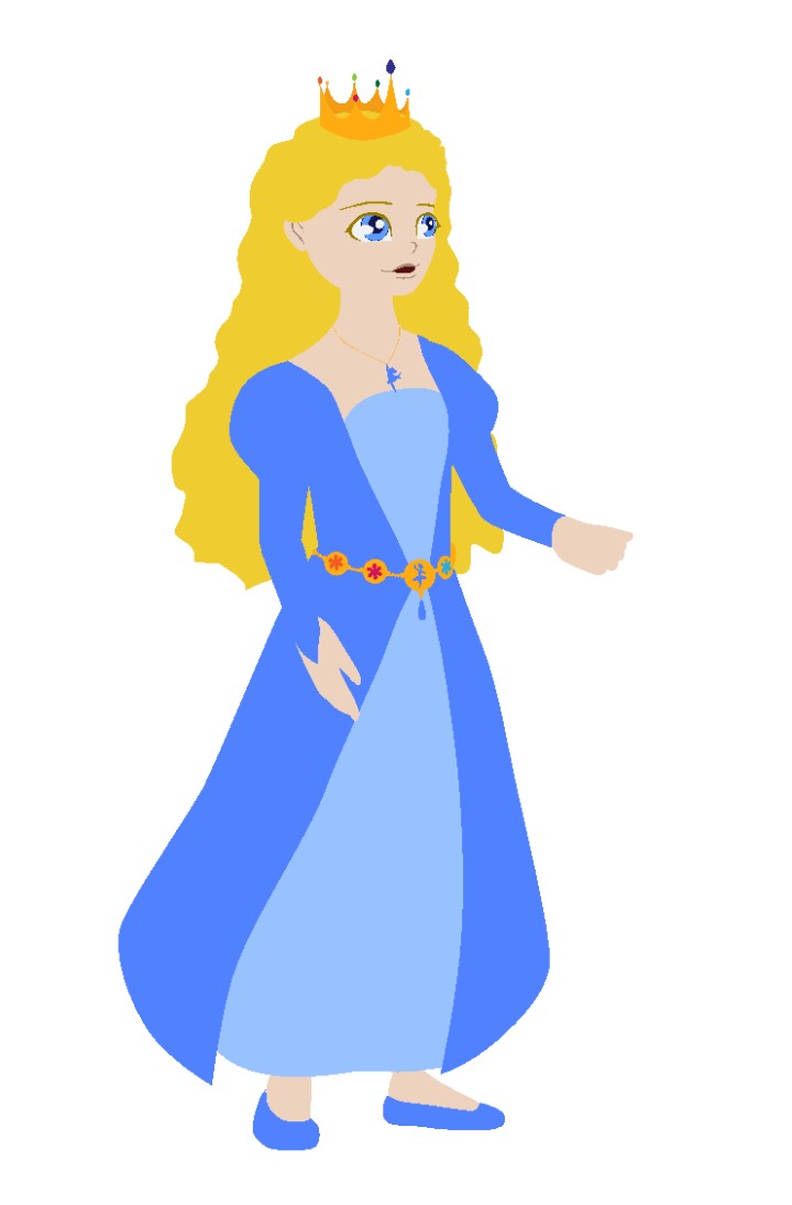Princess Emma standing with curly golden hair, fair skin and blue eyes.