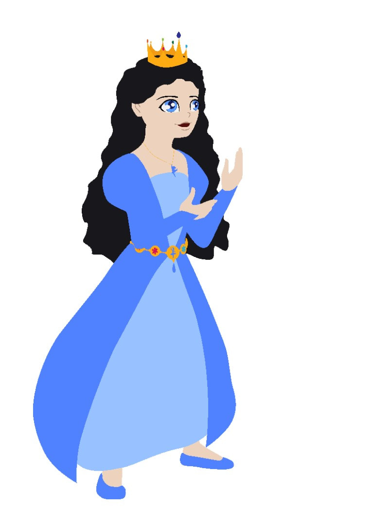 Princess Emma stands with curly black hair, fair skin and blue eyes.