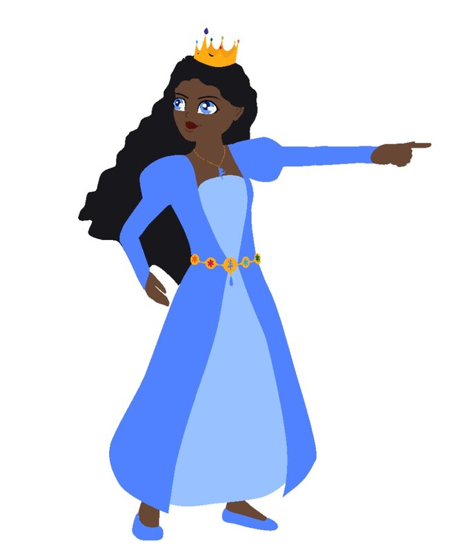 Princess Emma stands pointing, with curly black hair, bronze skin and blue eyes.