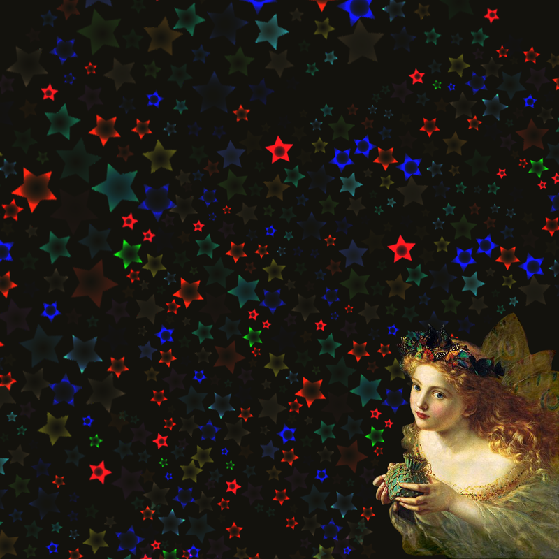 A fairy painted in the 1800s with diaphonous clothes and torn wings but beautiful clear skin and ribbons in her long shiny hair holds a decorated bag under a sky with many coloured stars. 