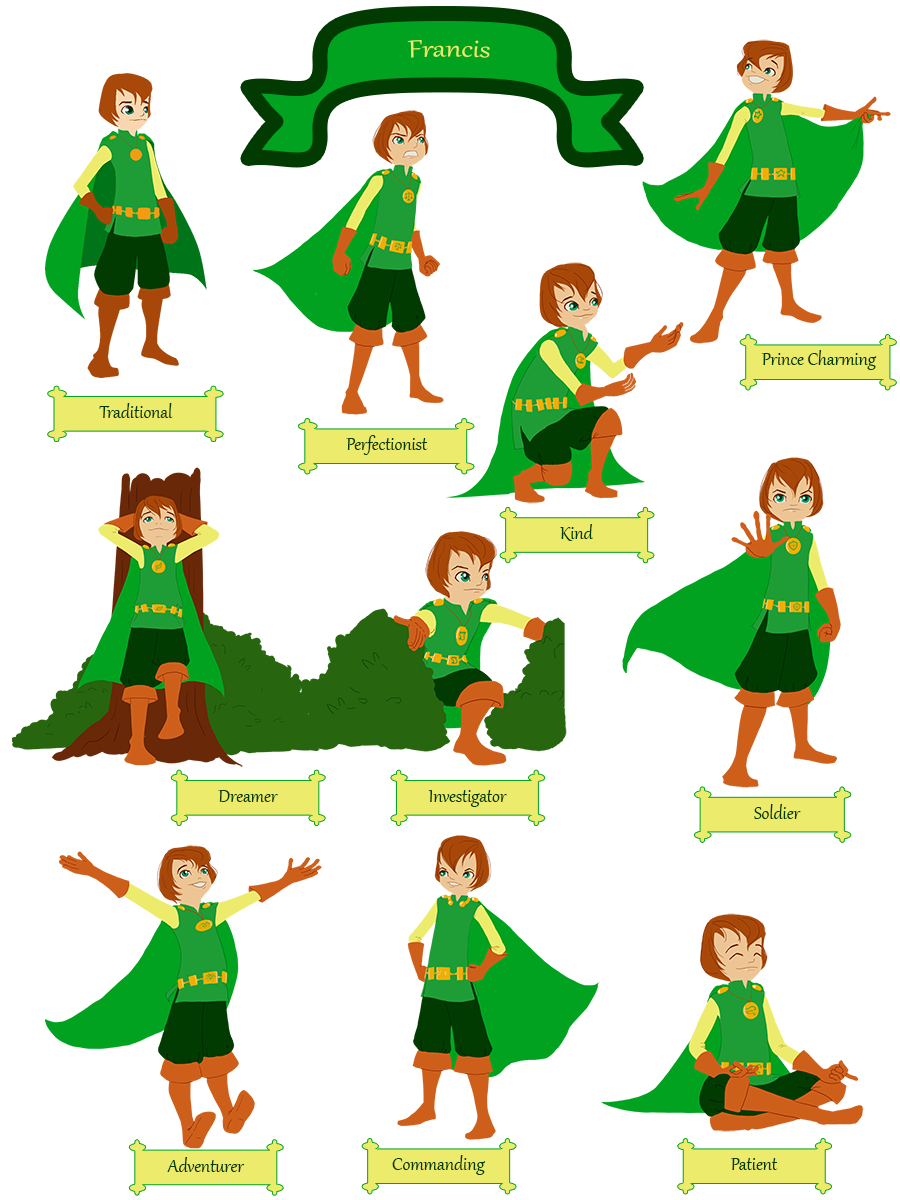 10 Francises in different poses labelled with different personalities: Traditional, Perfectionist, Kind, Prince Charming, Dreamer, Investigator, Soldier, Adventurer, Commanding, and Patient.
