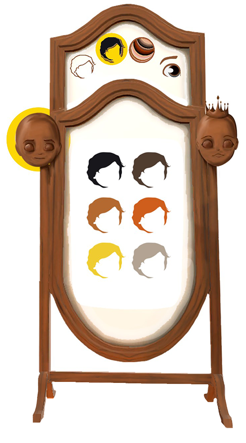 A wooden mirror has prince and princess wooden heads on it.  The prince head is circled.  At the top of the mirror are symbols for hair styles, hair colour, skin tones and eye colour.  The hair colour symbol is circled.  The main part of the mirror shows 6 different coloured hair pieces to choose from.