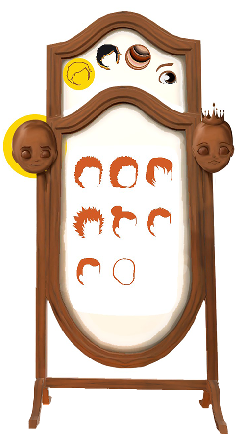 A wooden mirror has prince and princess wooden heads on it.  The prince head is circled.  At the top of the mirror are symbols for hair styles, hair colour, skin tones and eye colour.  The hair style symbol is circled.  The main part of the mirror shows 8 different hair pieces to choose from: coily, curly, wavy, spiky, man-bun, short spiky, short smooth, and bald.