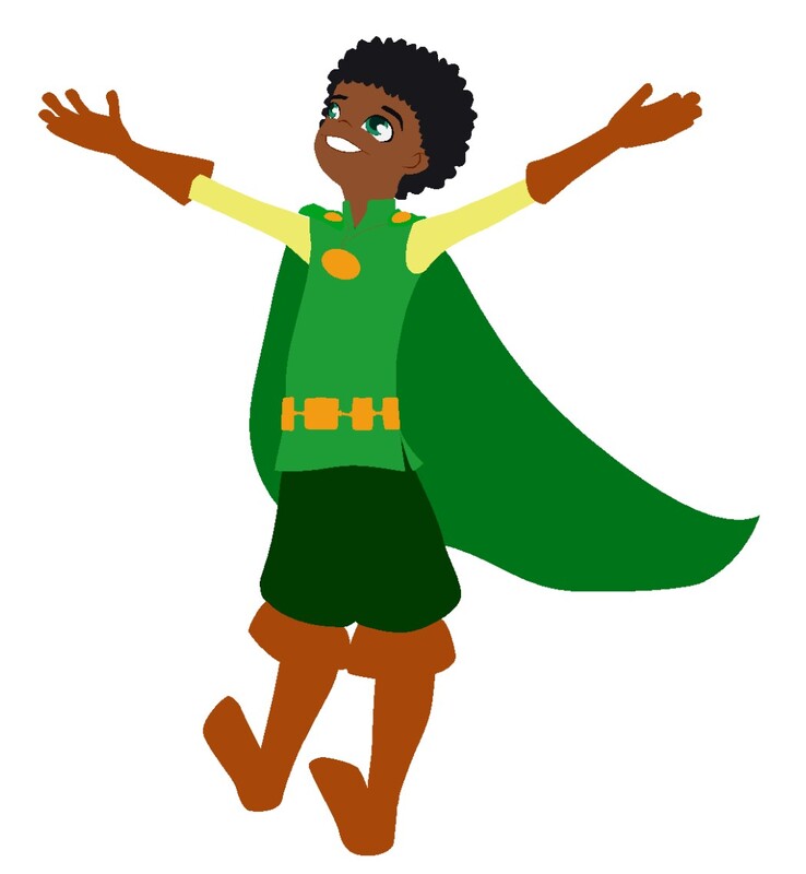 Prince Francis jumps for joy with curly black hair, bronze skin and green eyes.