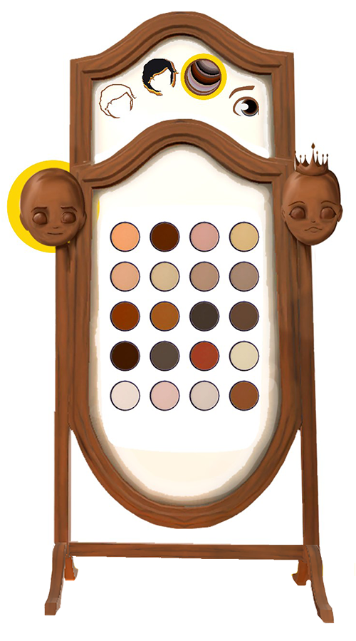 A wooden mirror has prince and princess wooden heads on it.  The prince head is circled.  At the top of the mirror are symbols for hair styles, hair colour, skin tones and eye colour.  The skin tone symbol is circled.  The main part of the mirror shows 20 different skin tones to choose from.