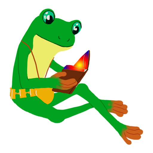 Frog reads book which has glowing colours over the text