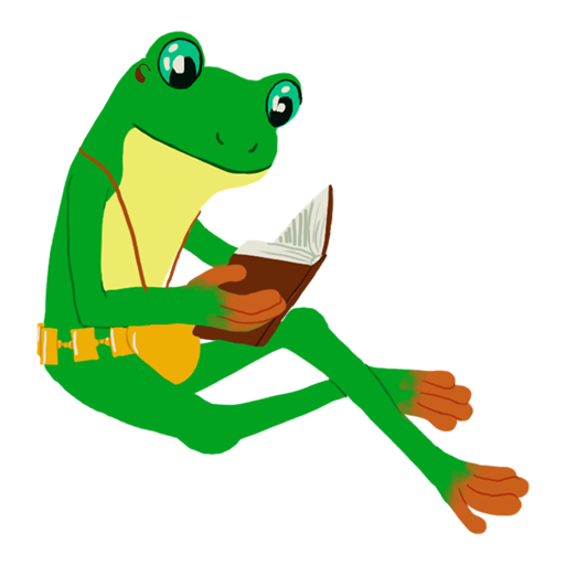 Frog wearing hearing aids reads book