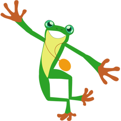 Frog wearing gold medallion smiles broadly and dances.
