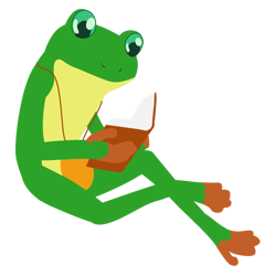 Frog wearing gold medallion sits reading book.
