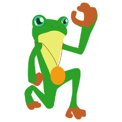 Frog wearing gold medallion kneels and raises his hand commandingly.