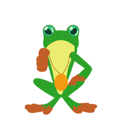 Frog wearing gold medallion frowns and points directly at the viewer.