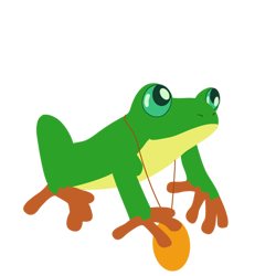 Frog wearing gold medallion sits comfortably looking up calmly.