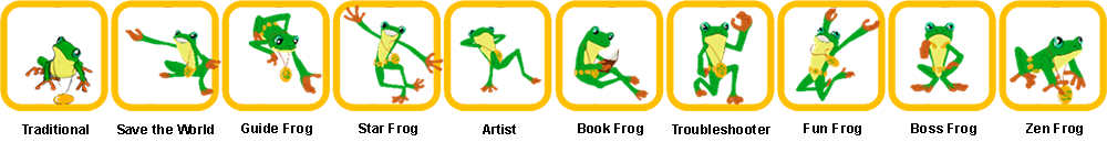 Row of 10 frogs in different poses labelled Traditional, Save the World, Guide Frog, Star Frog, Artist, Book Frog, Troubleshooter, Fun Frog, Boss Frog and Zen Frog.