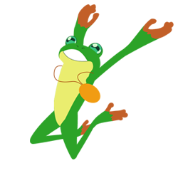 Frog wearing gold medallion jumps into the air, smiling.