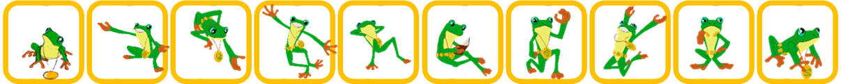 A row of 10 frogs in gold frames