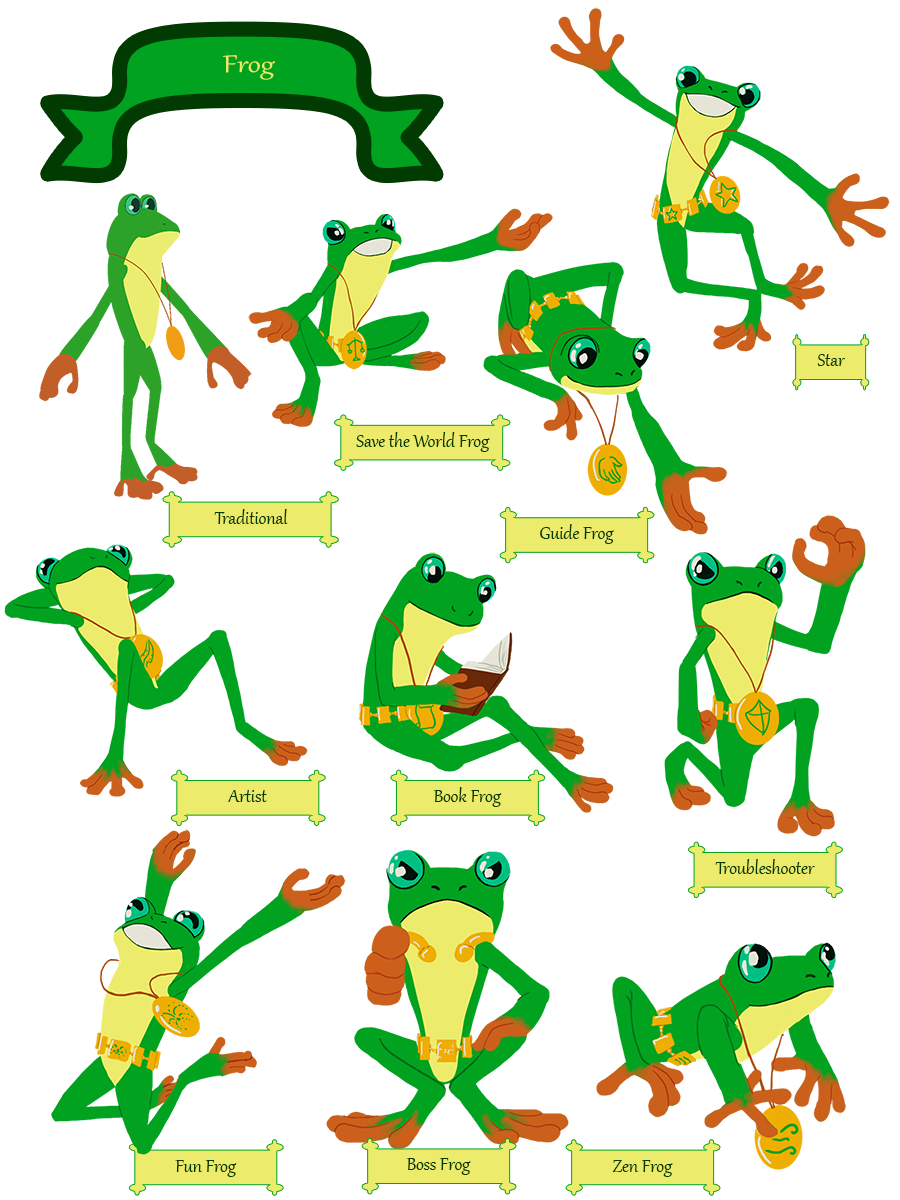 10 frogs in different poses named: Traditional, Save the World Frog, Guide Frog, Star, Artist, Book Frog, Troubleshooter, Fun Frog, Boss Frog, Zen Frog.