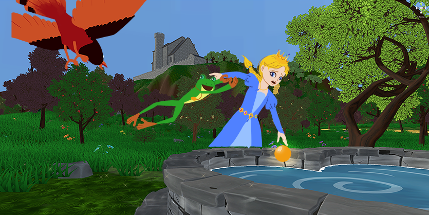 A girl wearing a crown is dropping a golden ball into a heart-shaped well as she fends off a frog wearing a golden medallion who is jumping at her to escape an attacking bird.  Beside the well leans an ancient tree, and other trees bearing fruit surround the well.  In the background, a castle is silhouetted against a clear blue sky.Picture