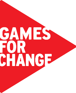 A red triangle facing right has white text on it saying Games For Change