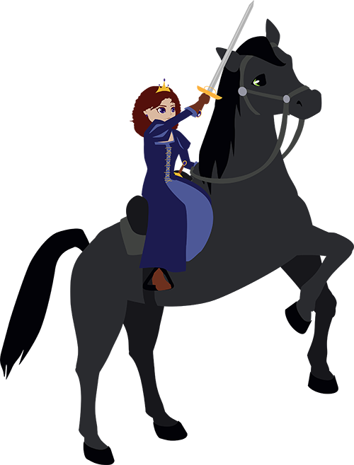 Princess Hilda wears a tiara and a dagger with a purple jewel in the handle and waves a sword with an ornate gold hilt.  Her dress is closed with golden laces and she is very pretty.  She is astride a rearing dark grey horse which is much bigger than one would expect.