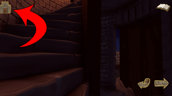 Game page showing spiral steps but no character.  An arrow points out castle in the top left corner which is the Home button.