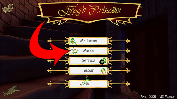 Main menu with arrow pointing to Mirror button.  This button is not accessible when the screen reader is on.