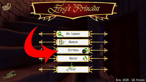 Main menu with arrow pointing to Settings button.