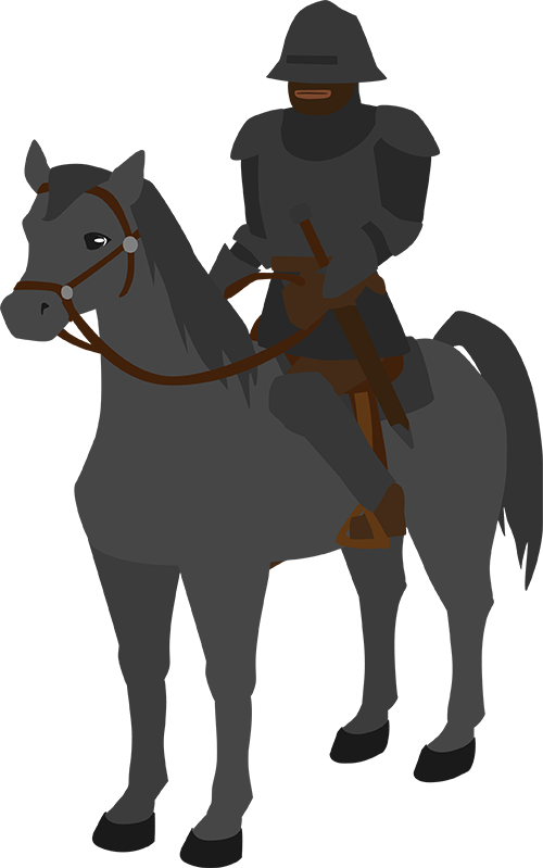 Iron Henry sits on his horse in full armor.