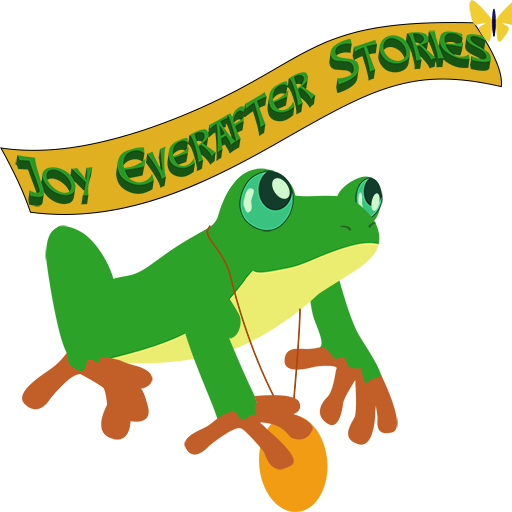 Joy Everafter Stories logo is frog wearing gold medallion looking at butterfly, with banner overhead saying 