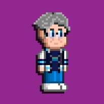 Pixel image of grey haired woman with glasses wearing a blue jacket with a logo on the front, patterned sleeves, plain blue trousers and white sandshoes.