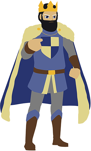 The King of Kassel wears a gold crown with diamond shaped tips, a fur cloak with a golden clasp, and a belt with a golden buckle.  On his tunic is the coat of arms of Kassel.  He is frowning and pointing.