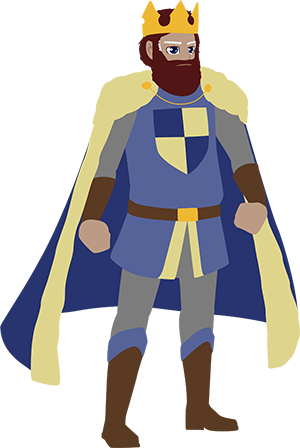 The King of Kassel stands looking stern in a rich fur cloak.