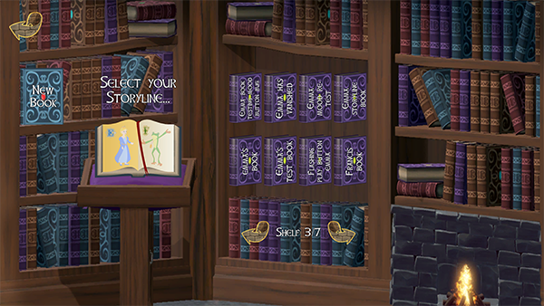 Bookshelf page which comprises three bookcases with a lectern in front of them, showing closed book on lectern with its name underneath, and 3 buttons underneath that: Open Book, Rename Book, Put Book Away.  On the left above the lectern is a New Book icon.  On the bottom right is a fire with a Delete button above it.  In the middle are 8 other books made by the player and buttons enabling players to go to books on other shelves.