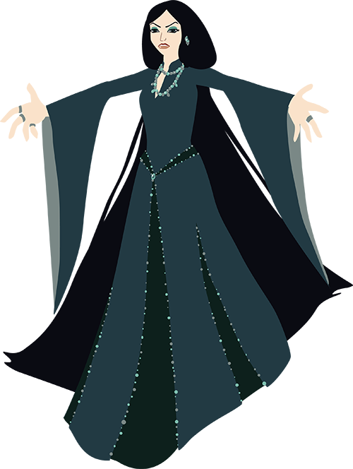 Lady Lorelei spreads her arms so her long sleeves fall like bird wings beside her.  She wears earrings, rings, necklaces, and jewels on her skirts.  Her hair falls to the ground.