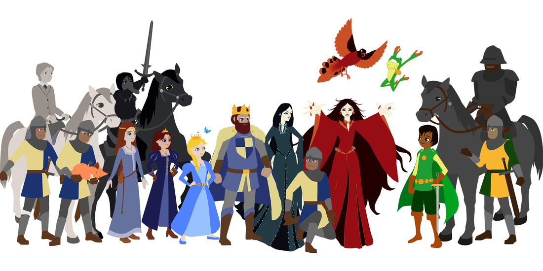 All the main Frog's Princess characters together: The Prince of Calden on his horse, two soldiers, one holding a fox cub, Prince Valimar waving a sword above his horse, Princess Ramona, Princess Hilda, Princess Emma with a butterfly above her, the King of Kassel with fists clenched, Lady Lorelei looking disdainful, Soldier Hubert kneeling with a grim smile, the Witch with both hands raised and the Red Bird above her, Prince Francis with Frog jumping above him, Iron Henry on his horse beside a soldier of Olden.