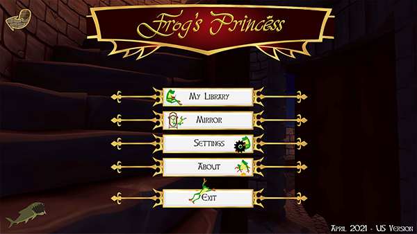 Ornate Frog's Princess title over menu selection illustrated with frogs saying My Library, Mirror, Settings, About and Exit.